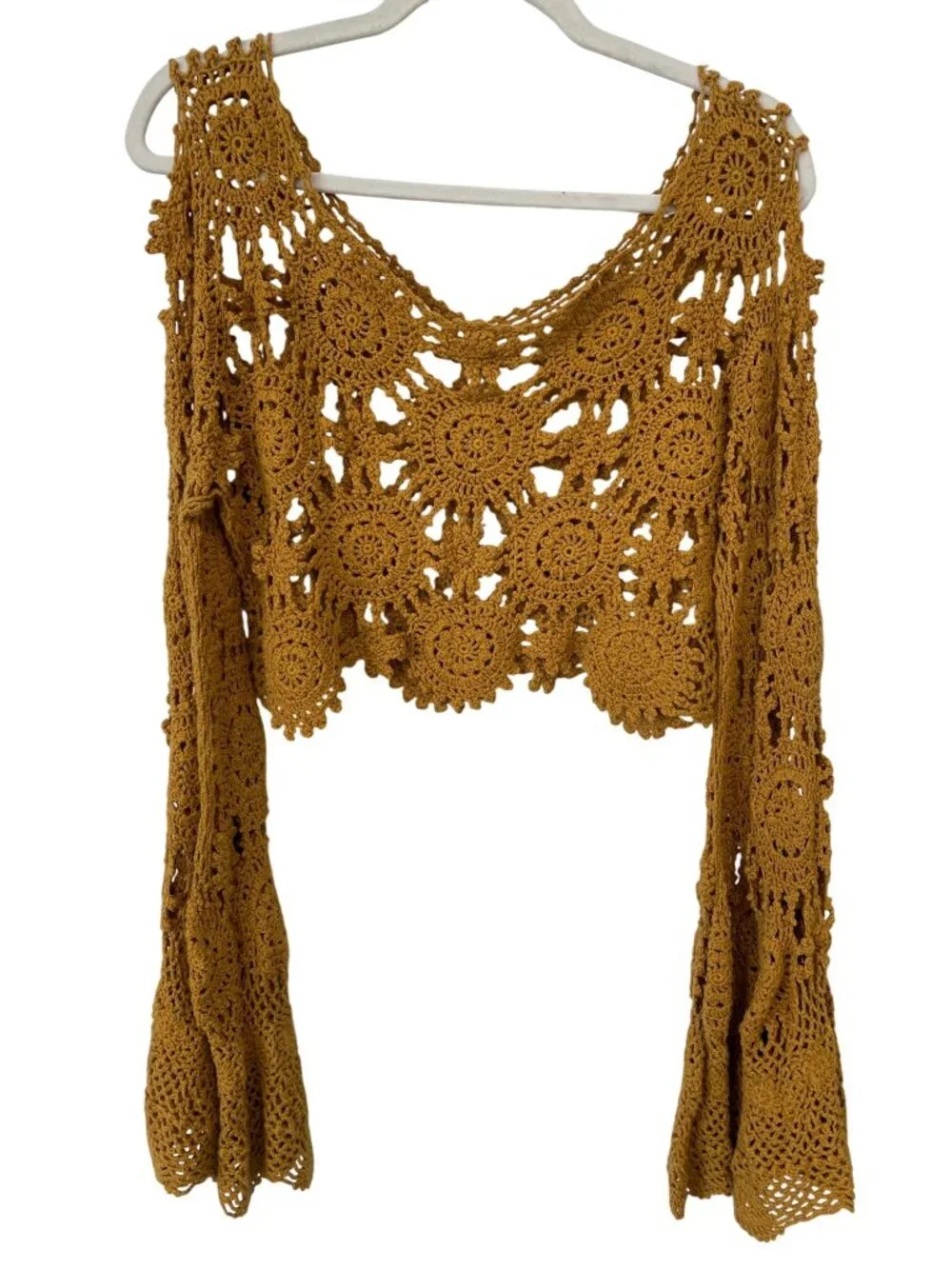 Free People Sunchaser Crochet Top Large Long Bell Sleeve Golden Rod Hippie Chic